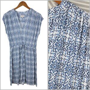 Loft Shirt Dress Size Medium Casual Party Blue Stretchv Waist Mosaic